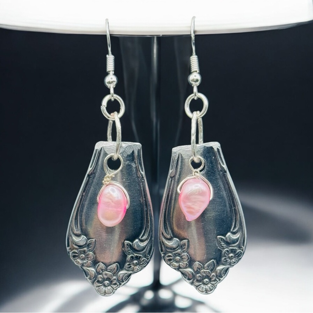Vintage Spoon Artisan Earrings Adorned with Pink Freshwater Pearls & 925 Hooks